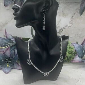 Clear Glass Faceted Crystal Teardrop Necklace & Earrings Set  17.5” • Vintage